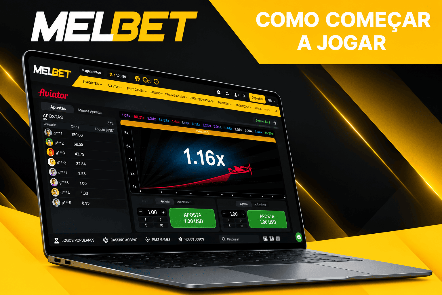 Como começar a jogar Aviator na Melbet: tela do jogo com multiplicador 1.16x e painel de apostas