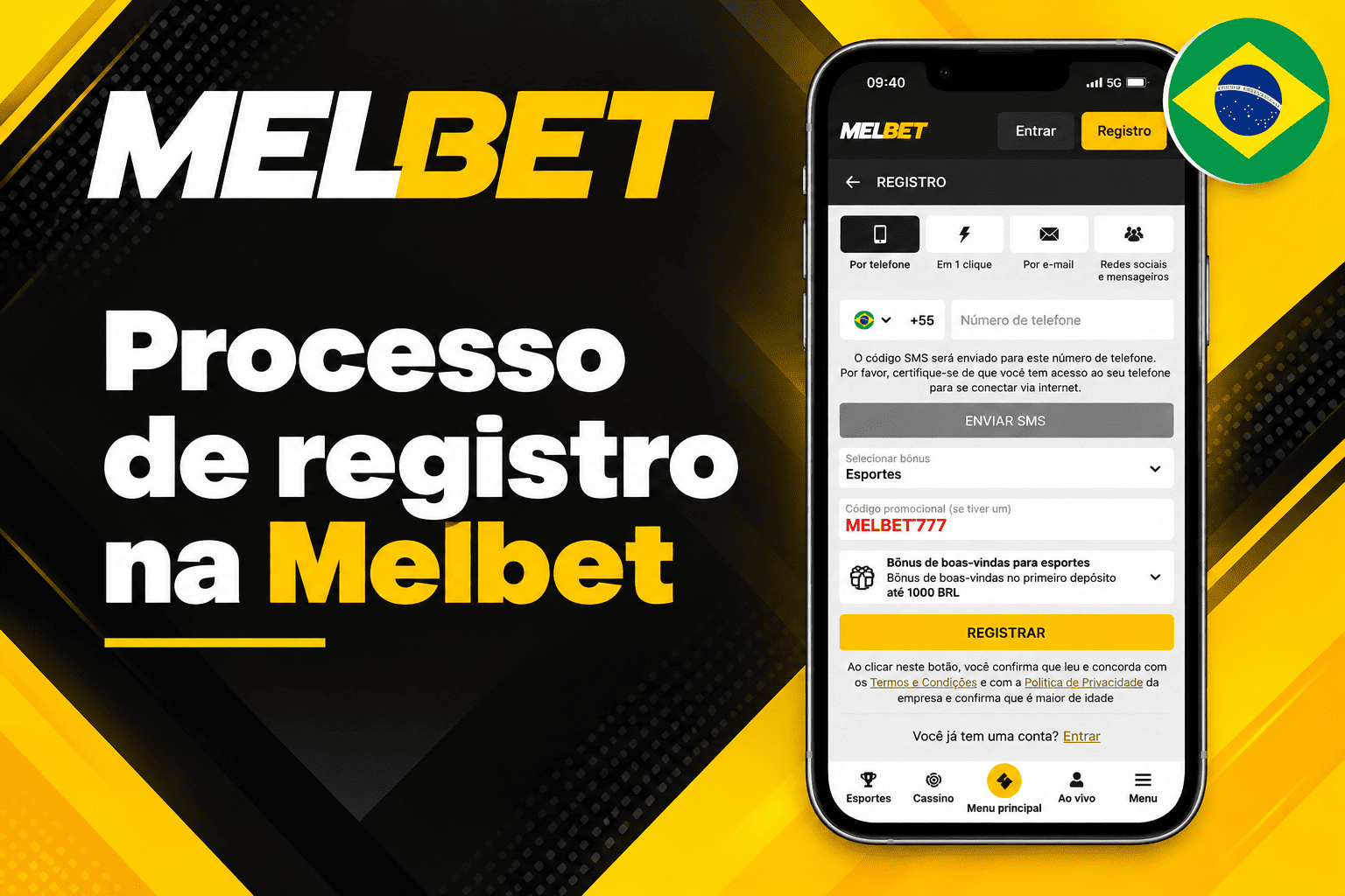 Processo de registro na Melbet: formulário com código promocional MELBET777