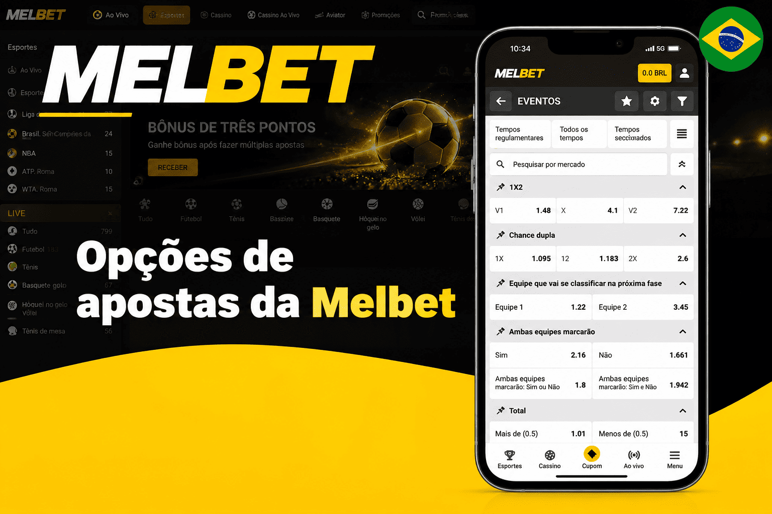 Opções de apostas da Melbet: mercados 1X2, chance dupla e total de gols