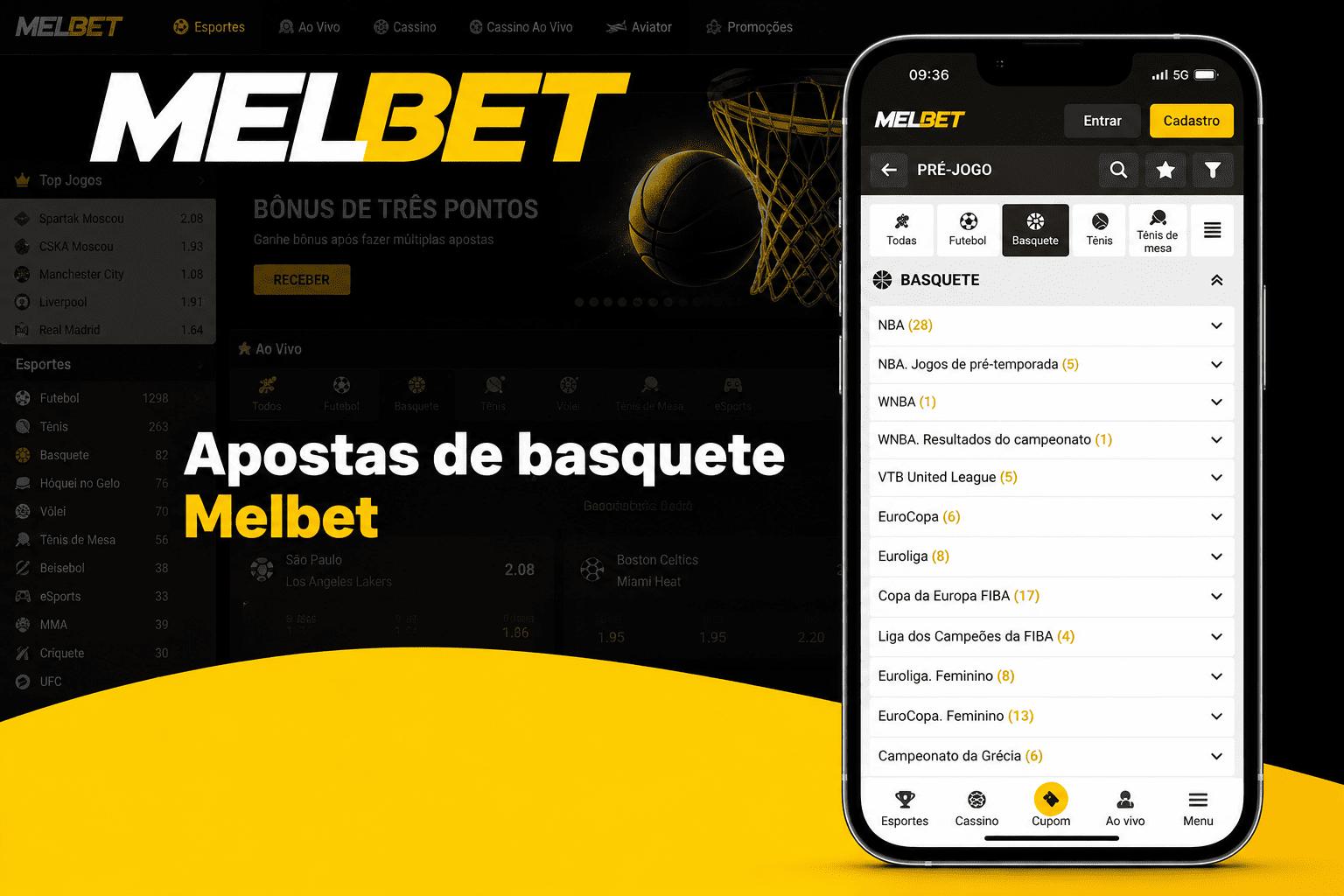Apostas de basquete Melbet: linha pré-jogo com NBA e EuroLiga