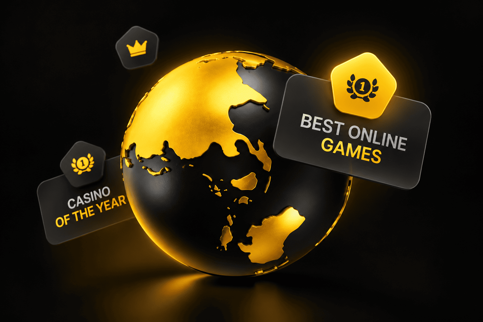 Globo dourado com selos de melhor cassino online, representando a presença internacional da MelBet