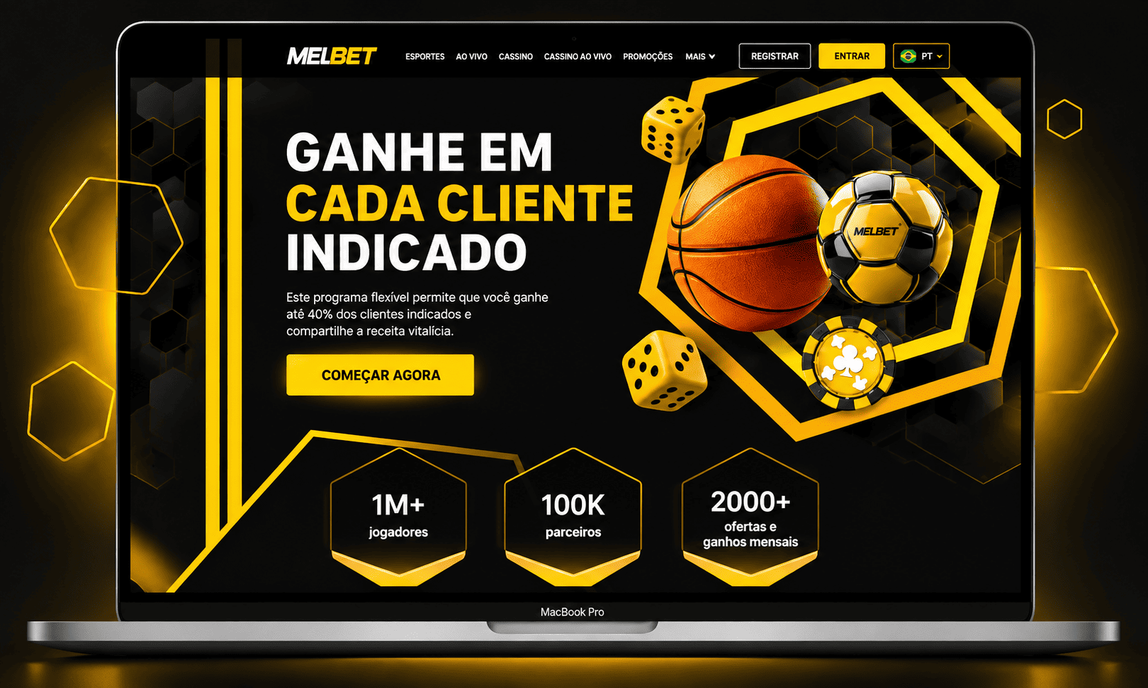 Página do programa de afiliados MelBet com o banner "Ganhe em cada cliente indicado" e estatísticas de parceiros