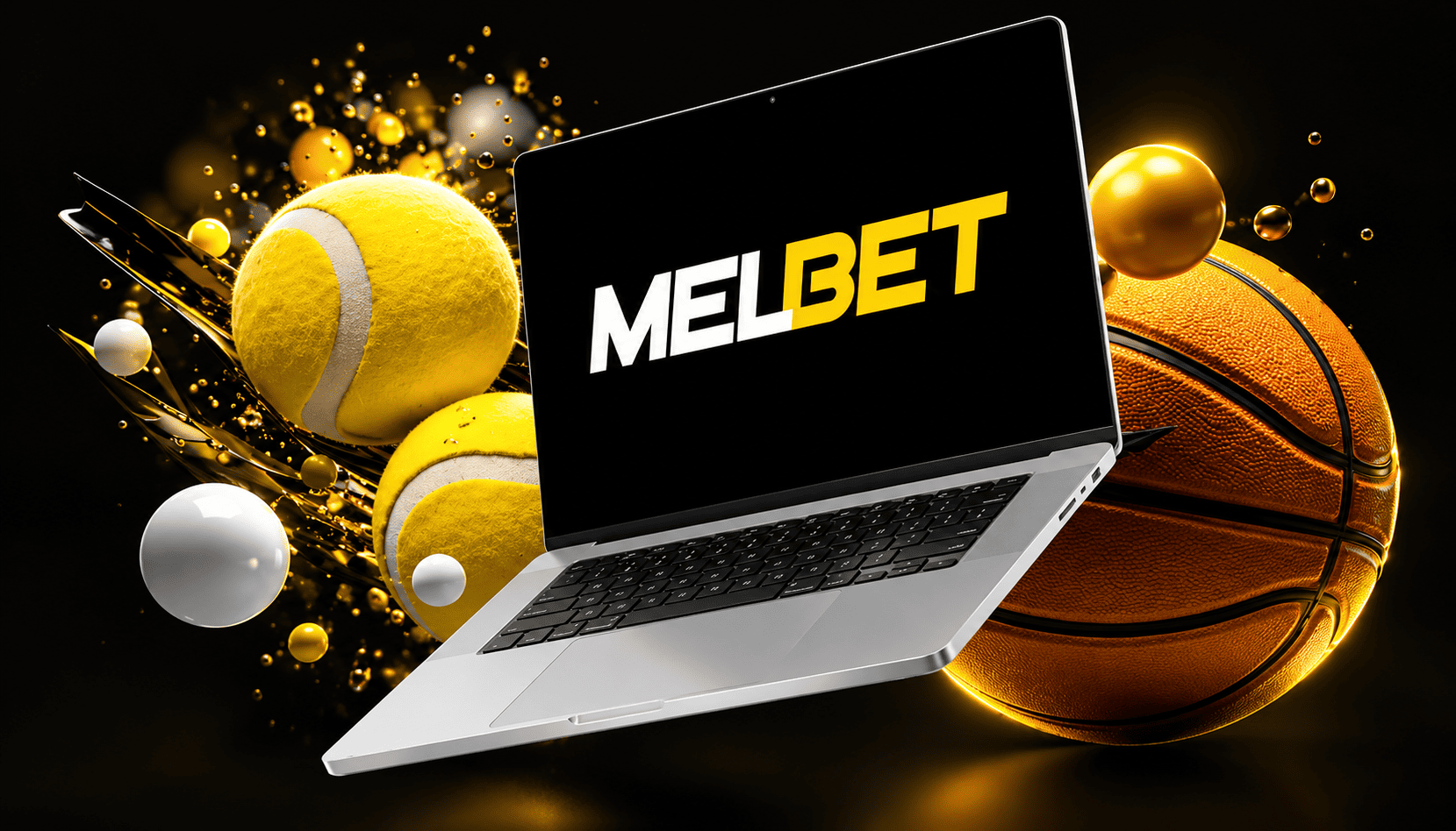 Notebook com o logotipo da MelBet cercado por bolas de tênis e basquete, remetendo às apostas esportivas