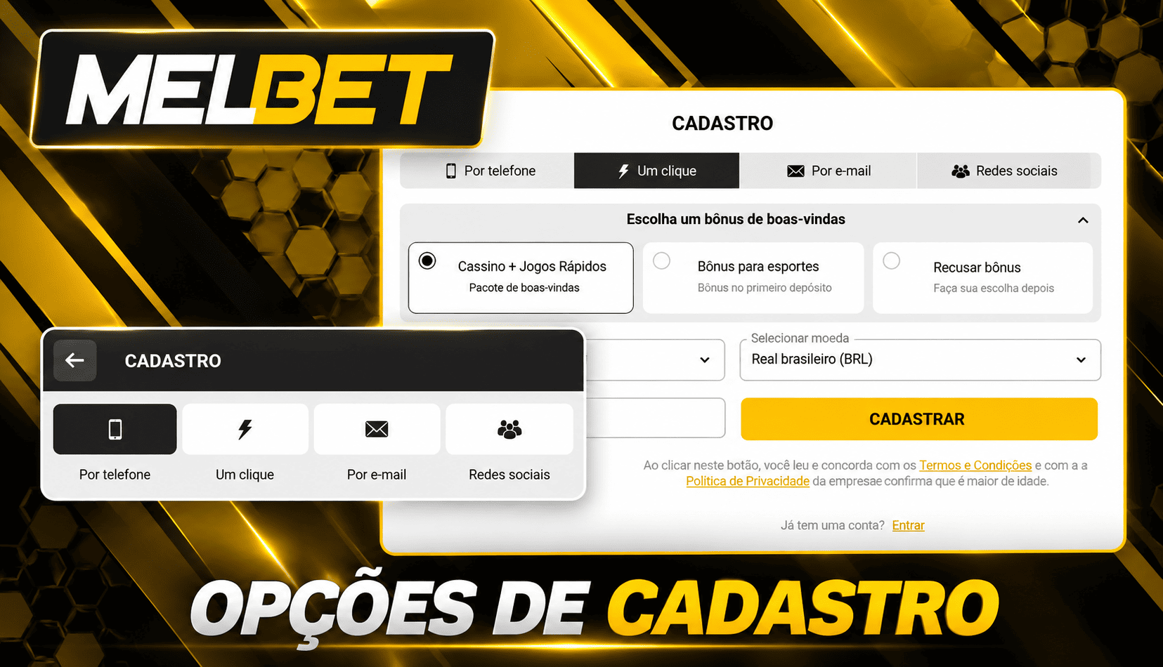 Opções de cadastro Melbet: por telefone, um clique, e-mail ou redes sociais