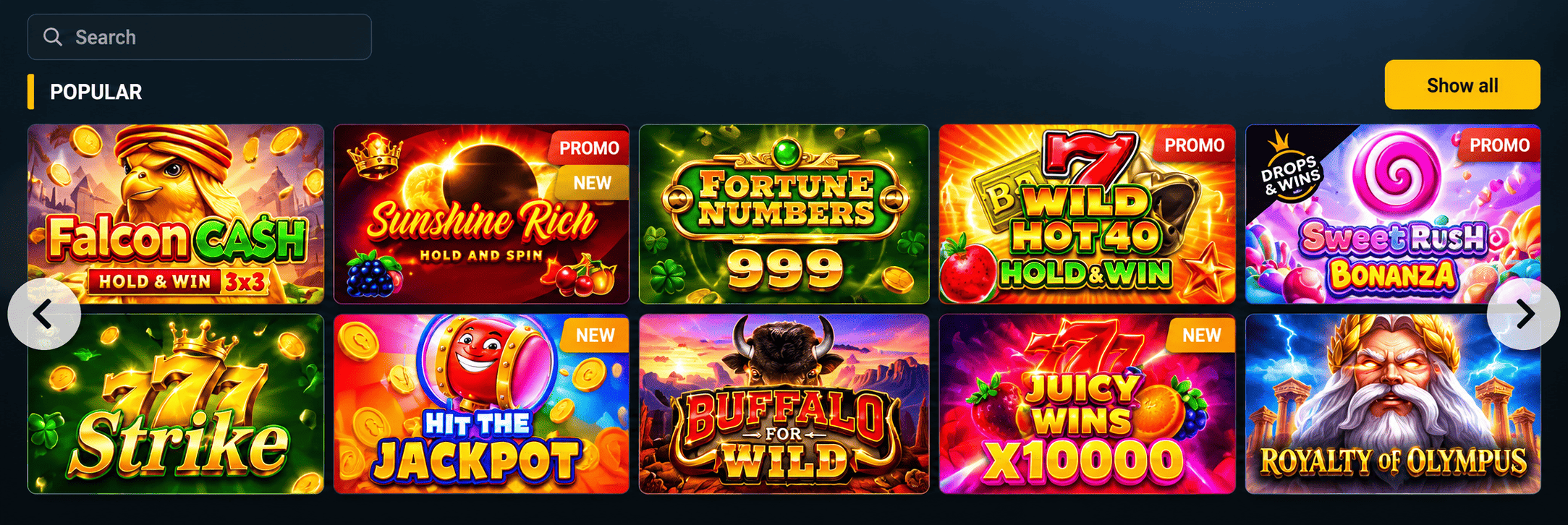 Slots populares de cassino: Falcon Cash, Fortune Numbers, Wild Hot 40, Sweet Rush Bonanza e outros jogos em destaque